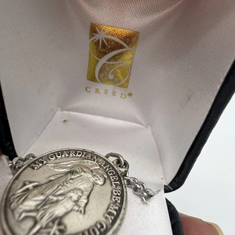 Vintage Creed Sterling Silver Medal Pendant Necklace Guardian Angel Be My Guide